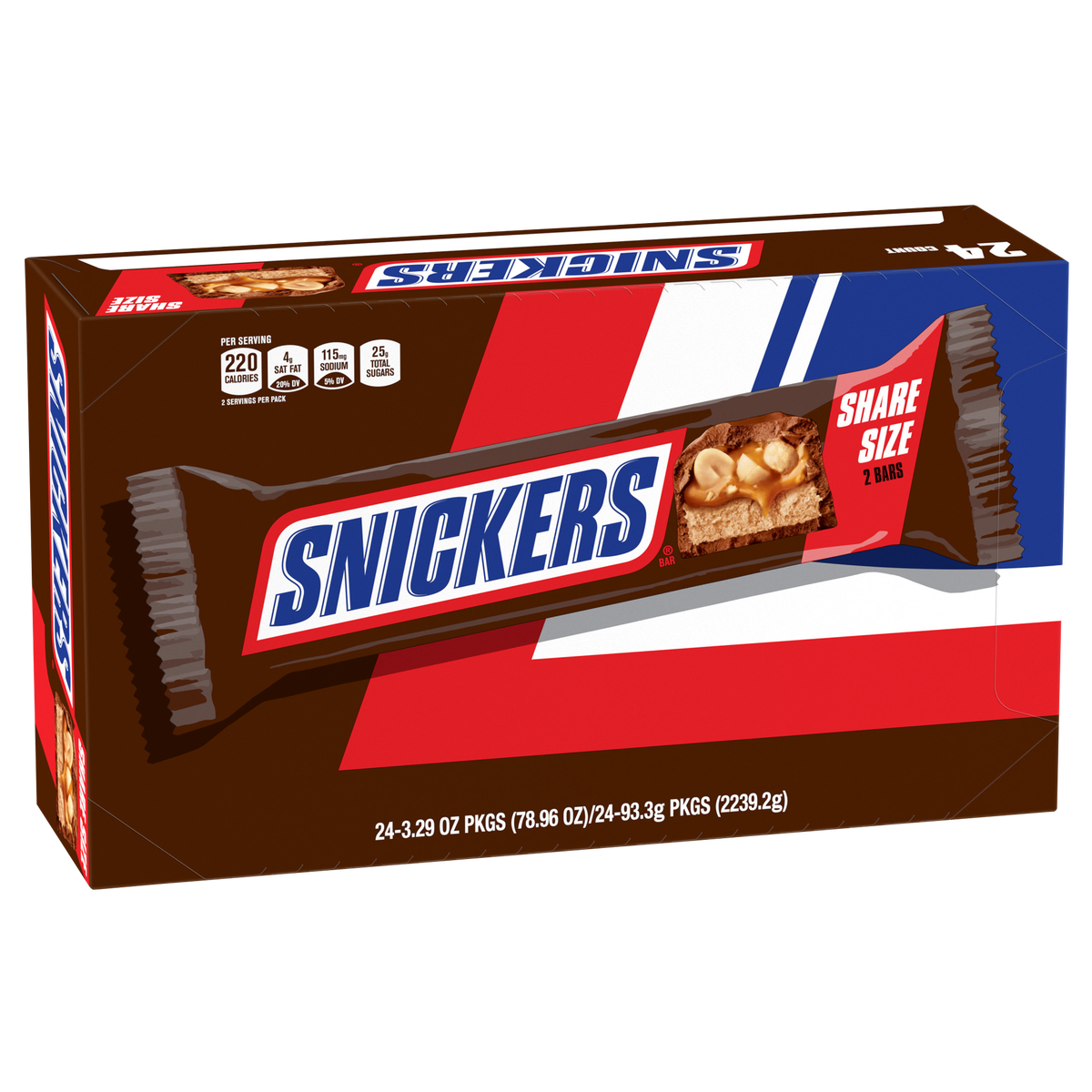 Snickers Chocolate Candy Bar, Share Size, 3.29 oz, 24 ct