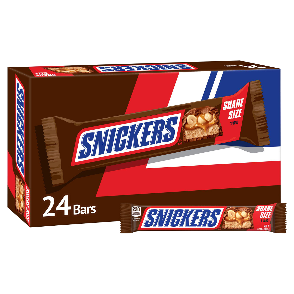 Snickers Chocolate Candy Bar, Share Size, 3.29 oz, 24 ct