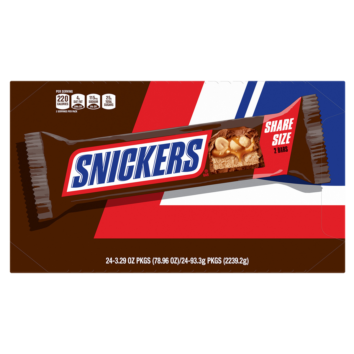 Snickers Chocolate Candy Bar, Share Size, 3.29 oz, 24 ct