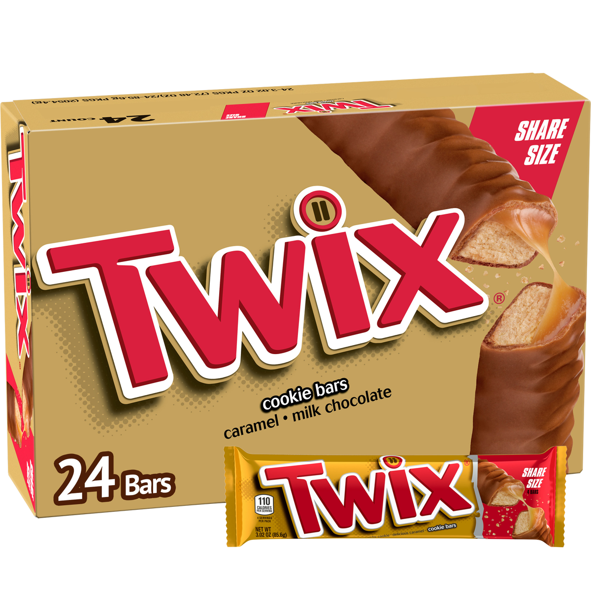 Twix Chocolate & Caramel Cookie Candy Bar, Share Size, 3.02 oz, 24 ct