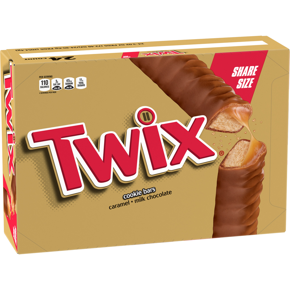 Twix Chocolate & Caramel Cookie Candy Bar, Share Size, 3.02 oz, 24 ct