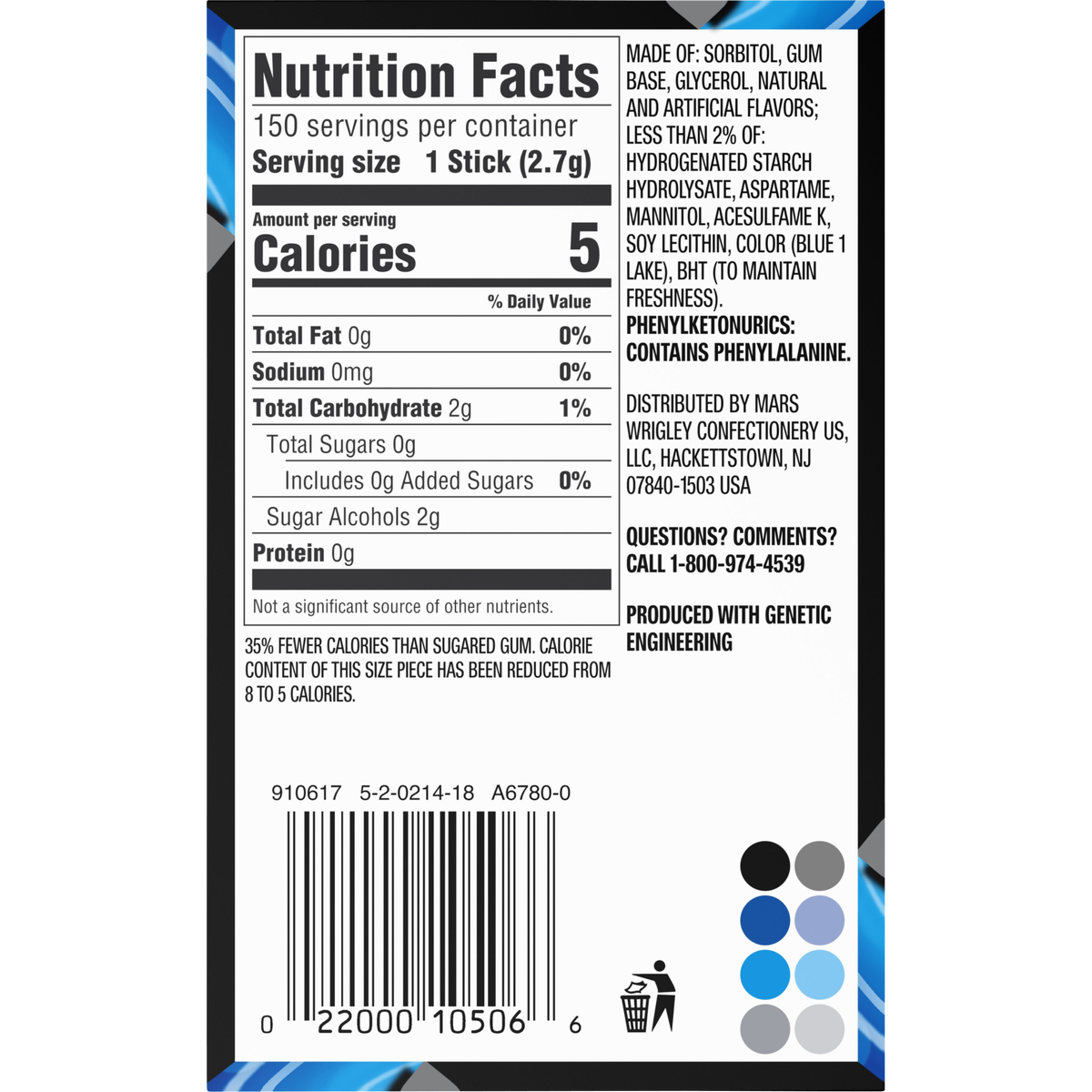 5 Gum Sugar Free Chewing Gum, Peppermint Cobalt, 15 Sticks, 10 ct