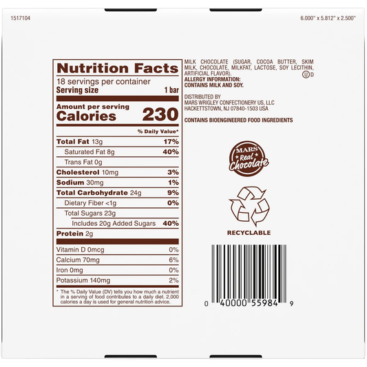 Dove Milk Chocolate Full Size Candy Bars, 1.44 oz, 18 ct