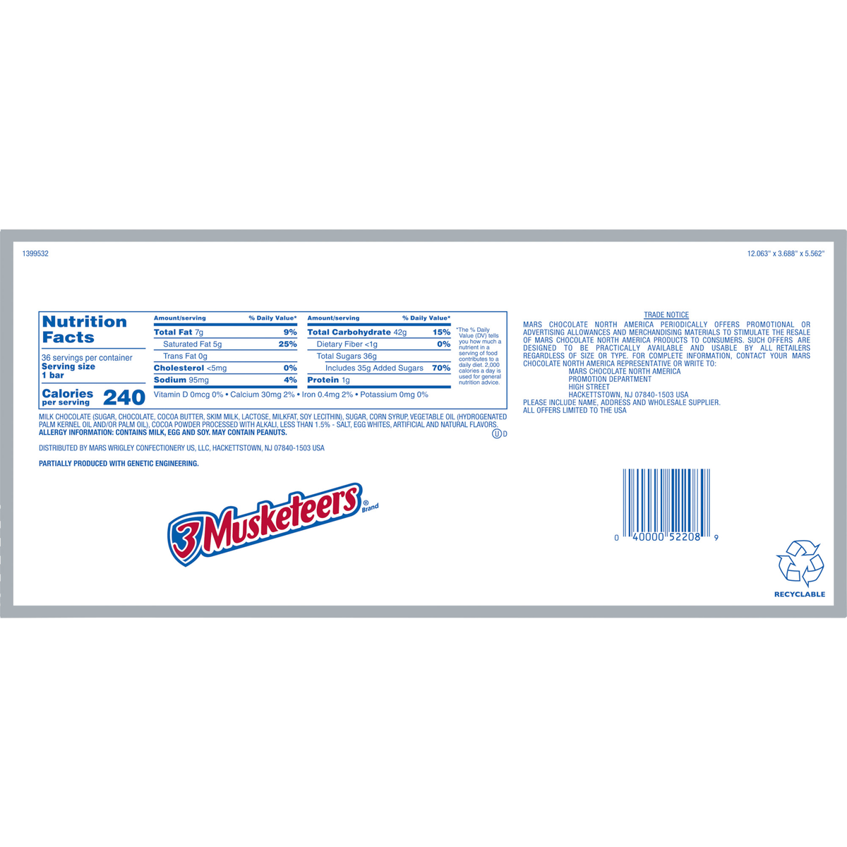 3 Musketeers Chocolate Candy Bar, Full Size, 1.92 oz, 36 ct