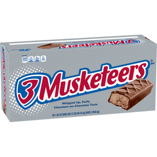 3 Musketeers Chocolate Candy Bar, Full Size, 1.92 oz, 36 ct