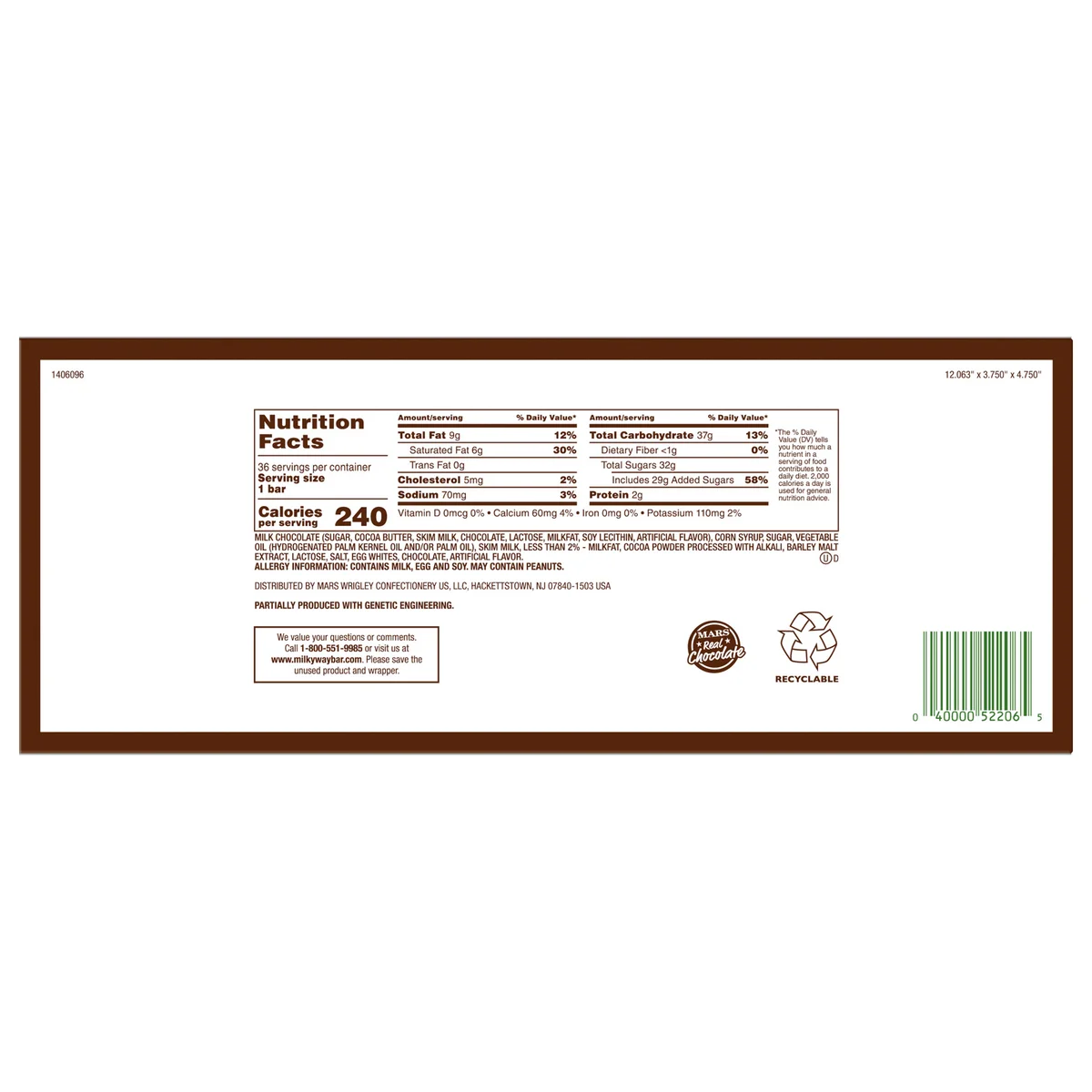 Milky Way Caramel Chocolate Candy Bar, Full Size, 1.84 oz, 36 ct