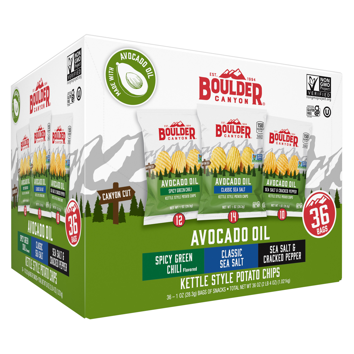 Boulder Canyon Avocado Oil Kettle Style Potato Chips, Variety Pack, 1 oz, 36 ct