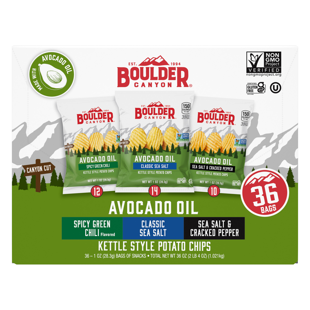 Boulder Canyon Avocado Oil Kettle Style Potato Chips, Variety Pack, 1 oz, 36 ct