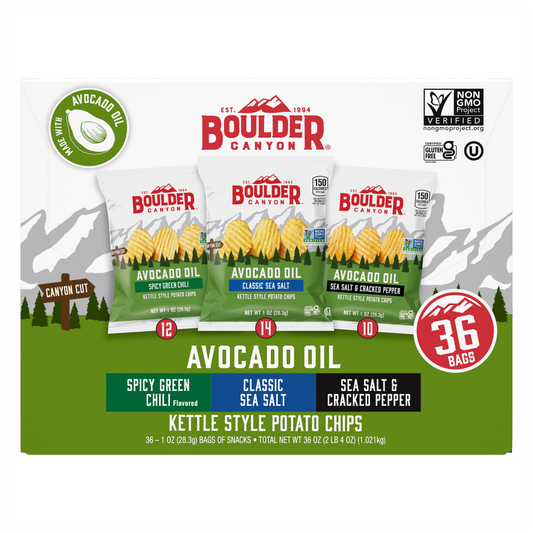 Boulder Canyon Avocado Oil Kettle Style Potato Chips, Variety Pack, 1 oz, 36 ct