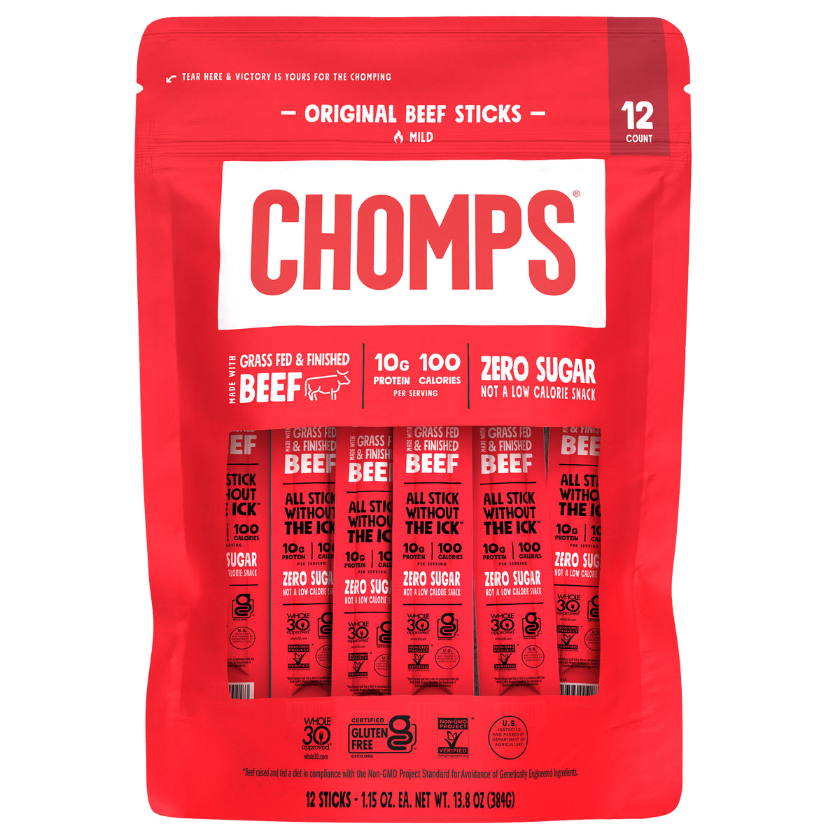 Chomps Original Beef Sticks, Mild, 1.15 oz, 12 ct