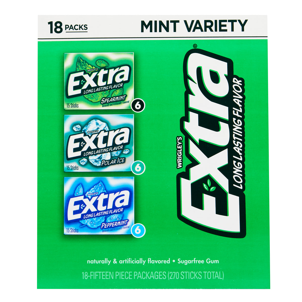Extra Sugar Free Chewing Gum, Mint Variety Pack, 15 Sticks, 18 ct