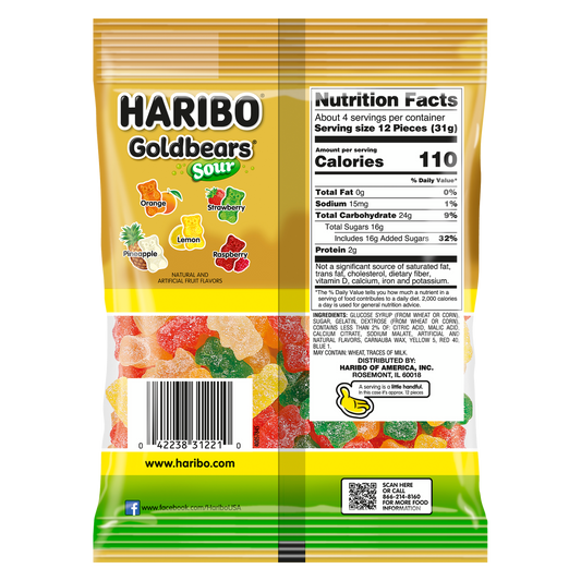 HARIBO Goldbears Gummi Candy, Sour, 4.5 oz, 12 ct