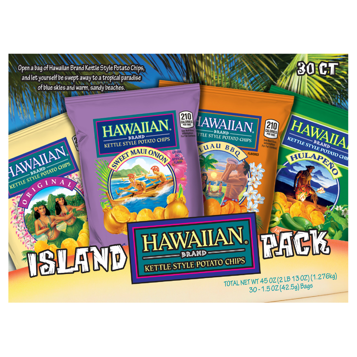 Hawaiian Brand Kettle Style Potato Chips, Island Variety Pack, 1.5 oz, 30 ct