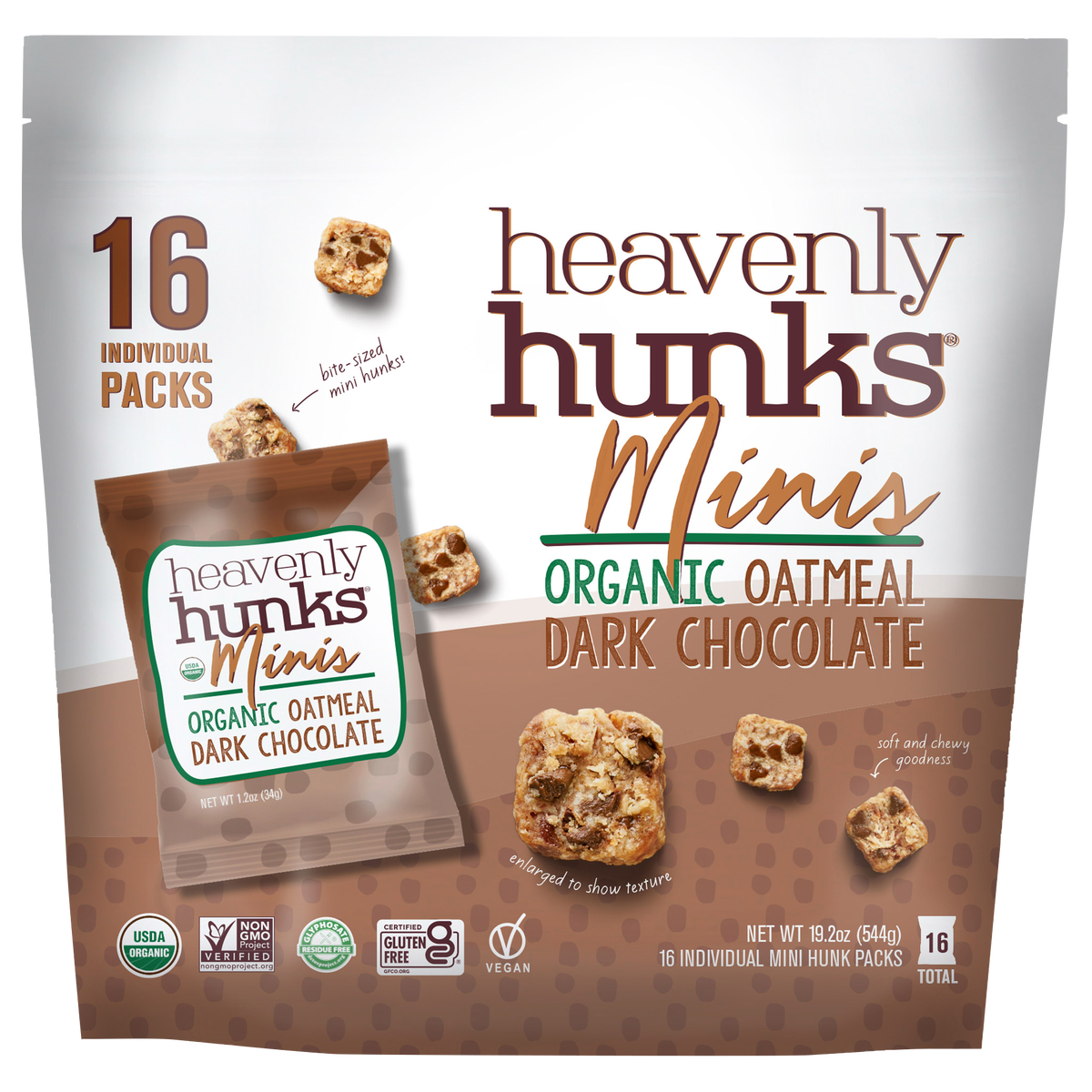 Heavenly Hunks Organic Oatmeal Minis, Dark Chocolate, 1.2 oz, 16 ct