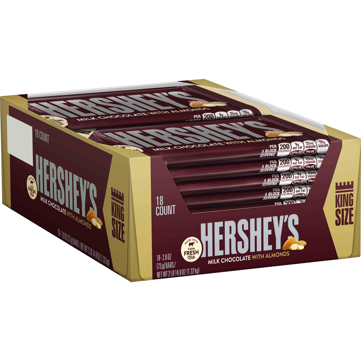 Hershey's King Size, Milk Chocolate With Almonds, 2.6 oz, 18 ct