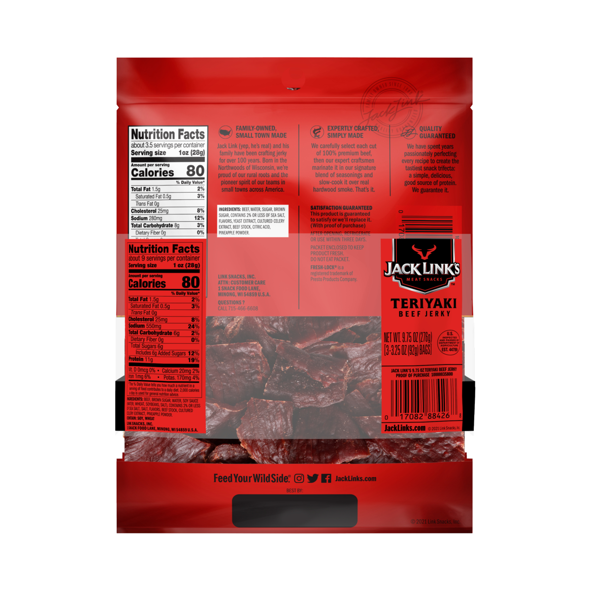 Jack Link's Beef Jerky, Teriyaki, 3.25 oz, 3 ct