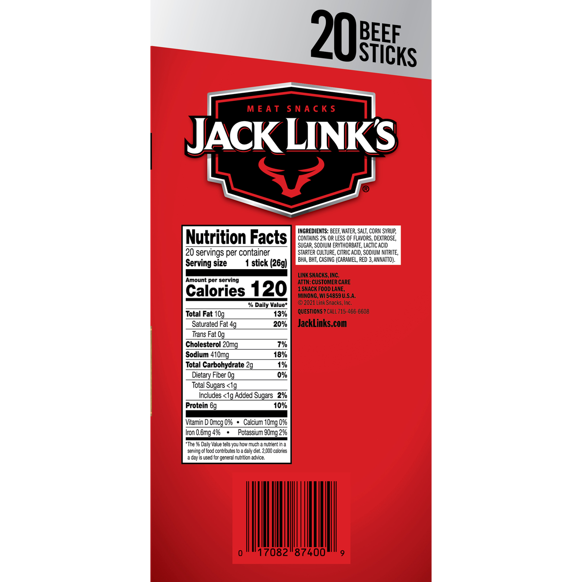 Jack Link's Beef Sticks, Original, 0.92 oz, 20 ct