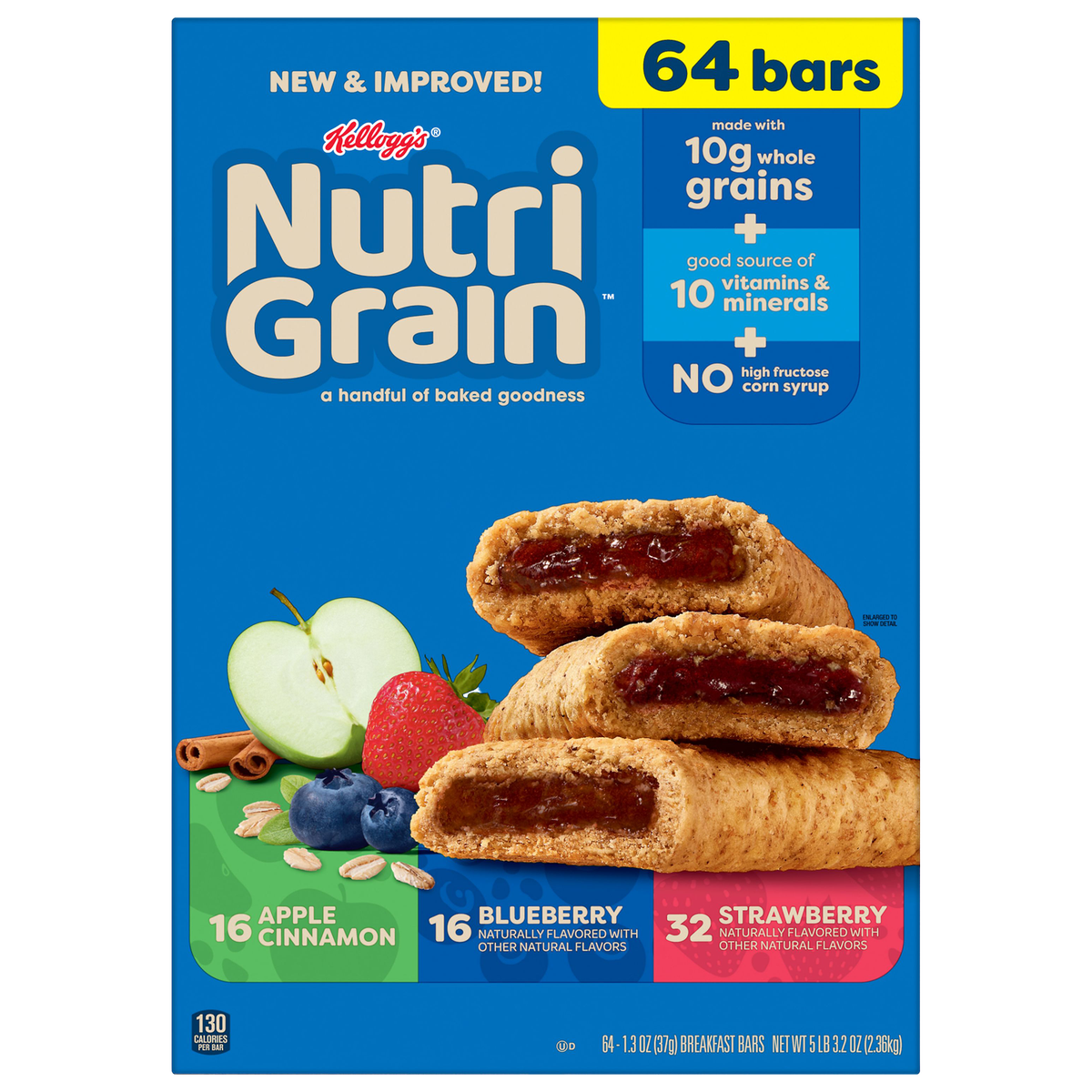 Kellogg's Nutri-Grain Breakfast Bars, Variety Pack, 1.3 oz, 64 ct