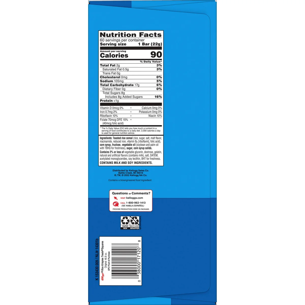 Kellogg's Rice Krispies Treats, Original, 0.78 oz, 60 ct