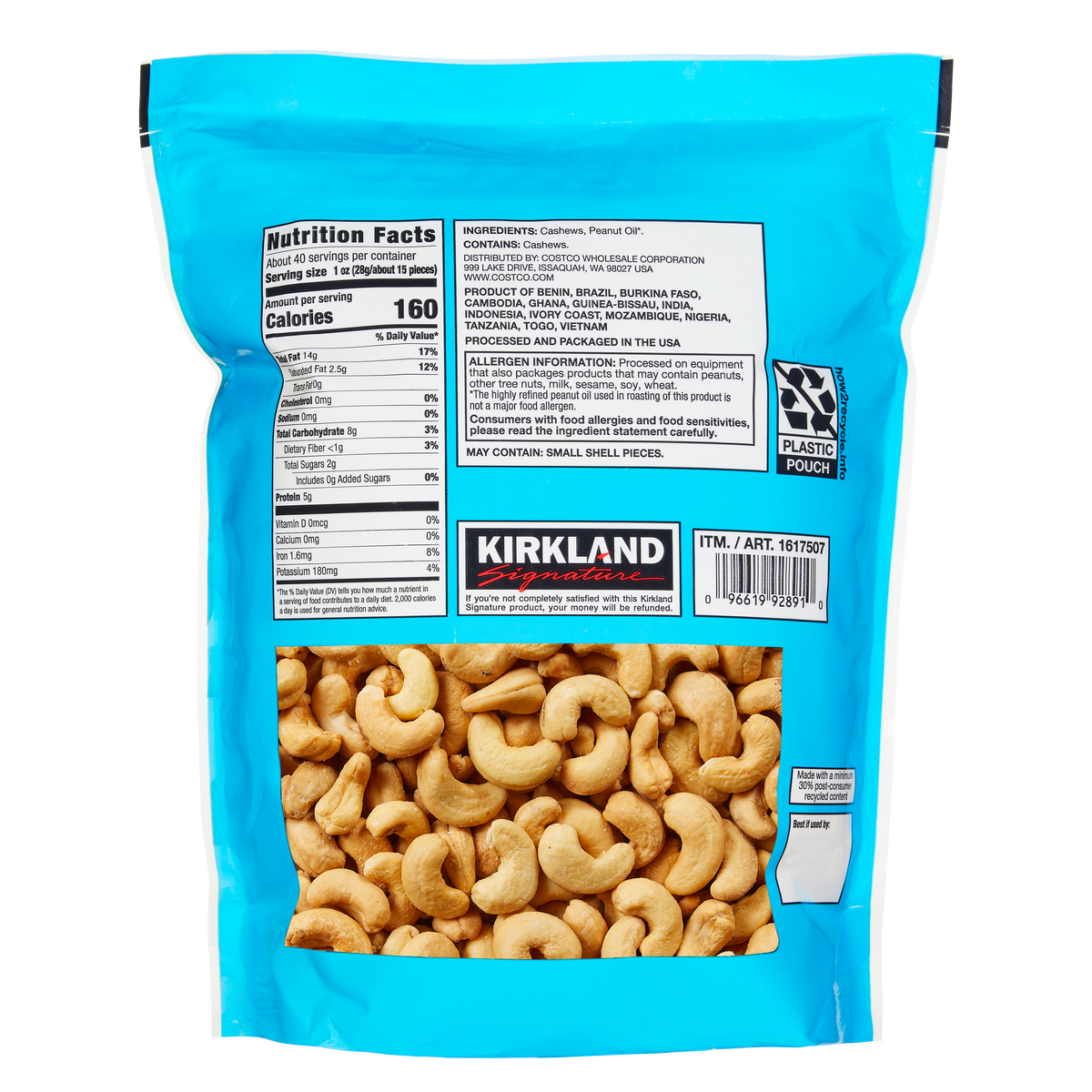Kirkland Signature Fancy Whole Cashews, Unsalted, 40 oz