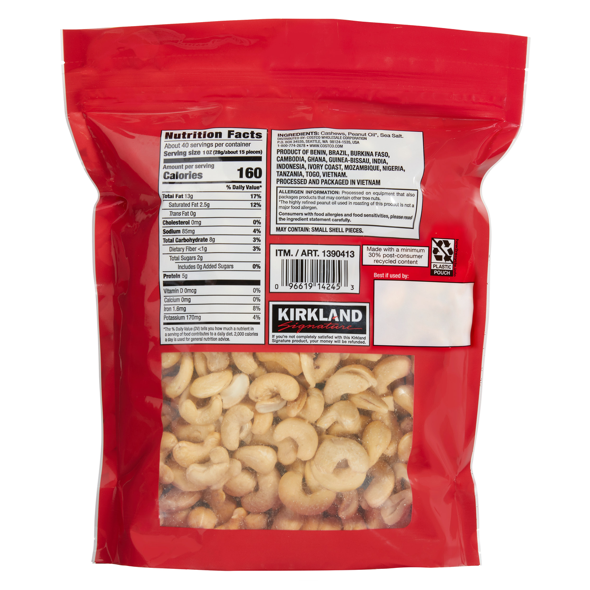 Kirkland Signature Fancy Whole Cashews with Sea Salt, 2.5 lbs