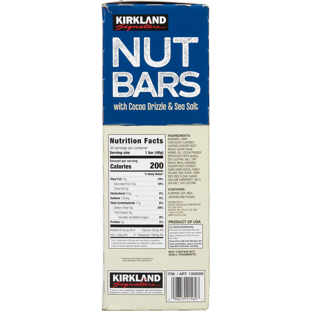 Kirkland Signature Nut Bars with Cocoa Drizzle & Sea Salt, 1.41 oz, 30 ct