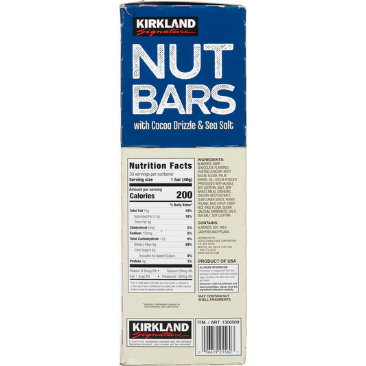 Kirkland Signature Nut Bars with Cocoa Drizzle & Sea Salt, 1.41 oz, 30 ct