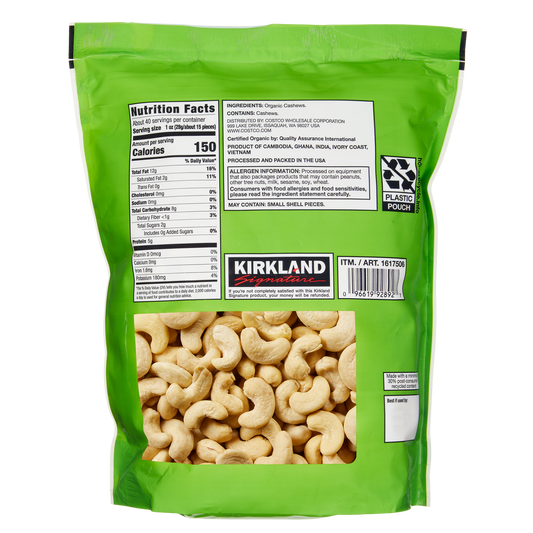 Kirkland Signature Organic Whole Cashews, Unsalted, Unroasted, 40 oz