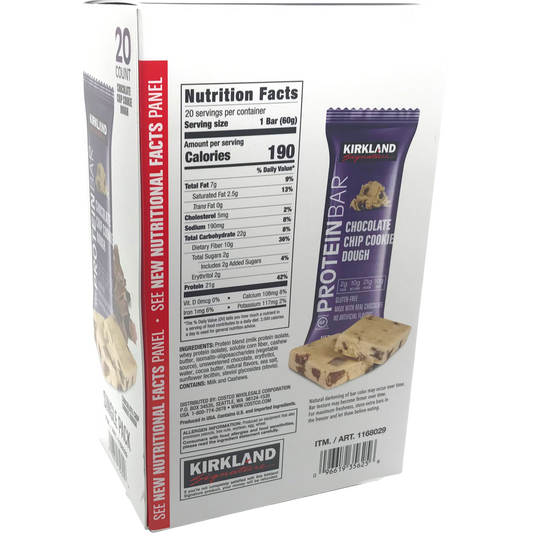 Kirkland Signature Protein Bar, 21g Protein, Chocolate Chip Cookie Dough, 2.12 oz, 20 ct