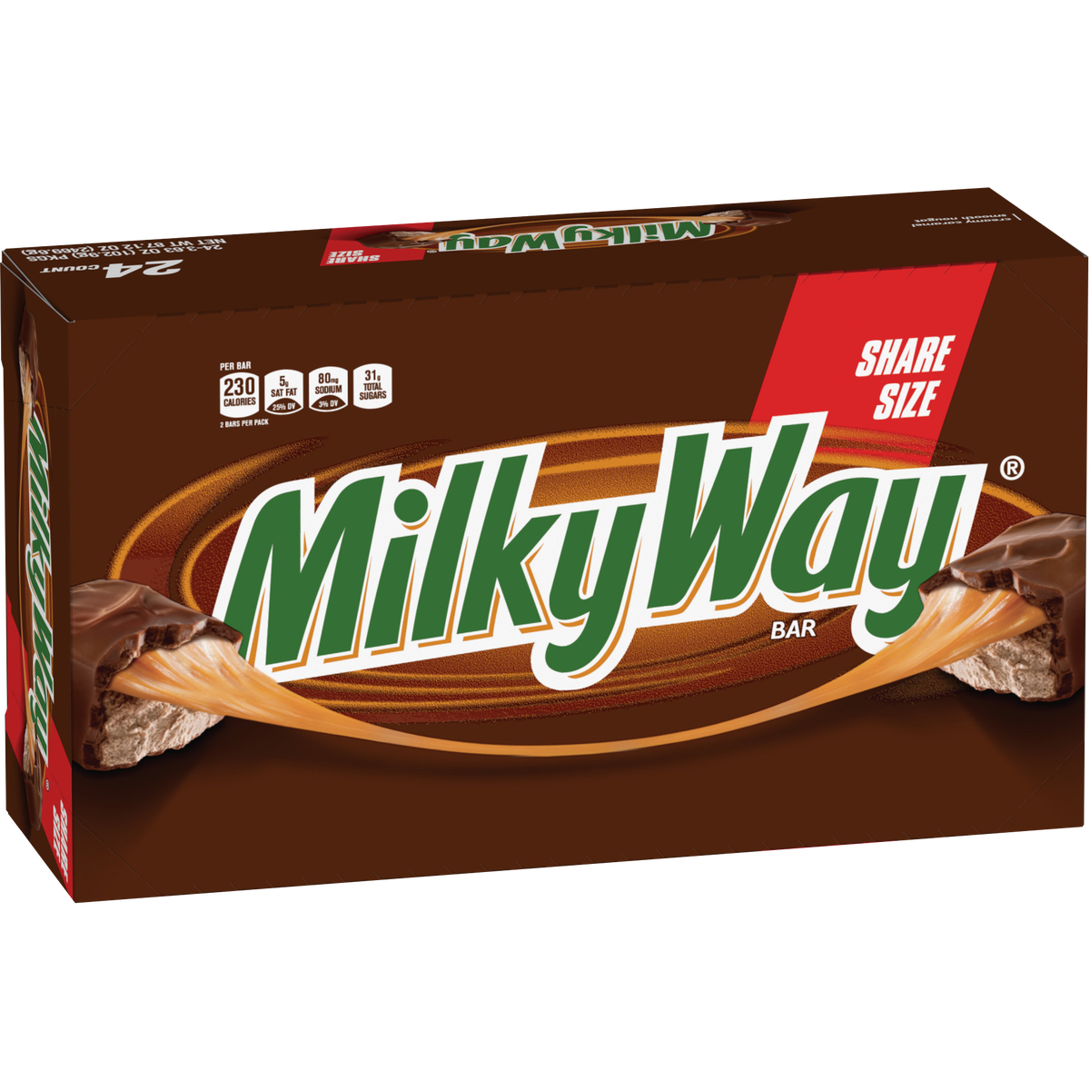 Milky Way Caramel Chocolate Candy Bar, Share Size, 3.63 oz, 24 ct