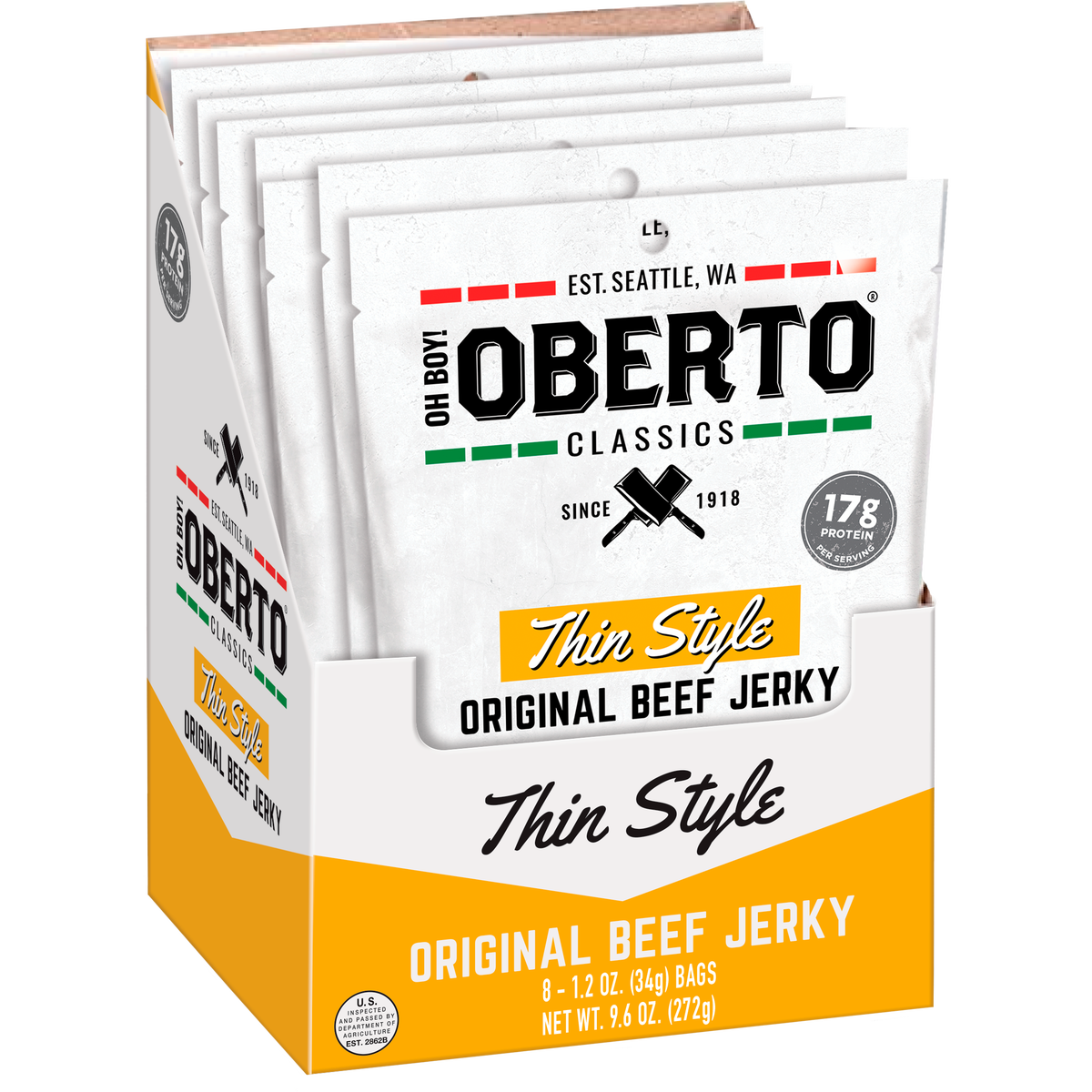 Oh Boy! Oberto Classics Thin Style Beef Jerky, Original, 1.2 oz, 8 ct