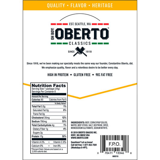 Oh Boy! Oberto Classics Thin Style Beef Jerky, Original, 1.2 oz, 8 ct