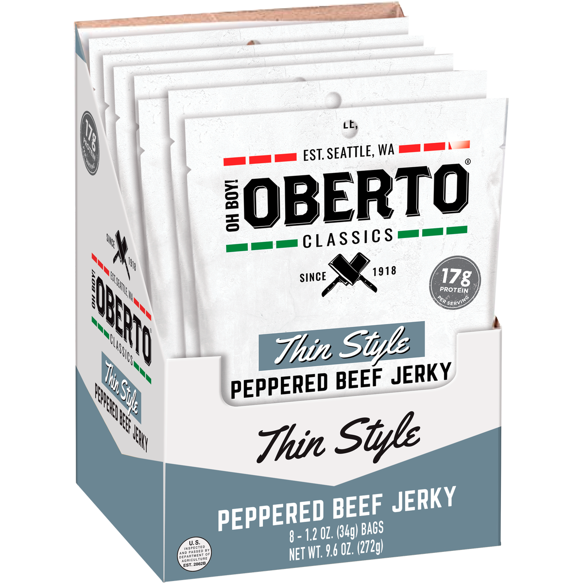 Oh Boy! Oberto Classics Thin Style Beef Jerky, Peppered, 1.2 oz, 8 ct