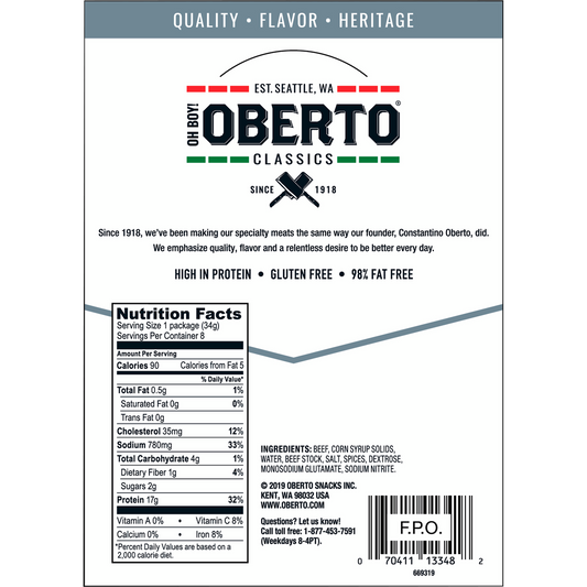 Oh Boy! Oberto Classics Thin Style Beef Jerky, Peppered, 1.2 oz, 8 ct