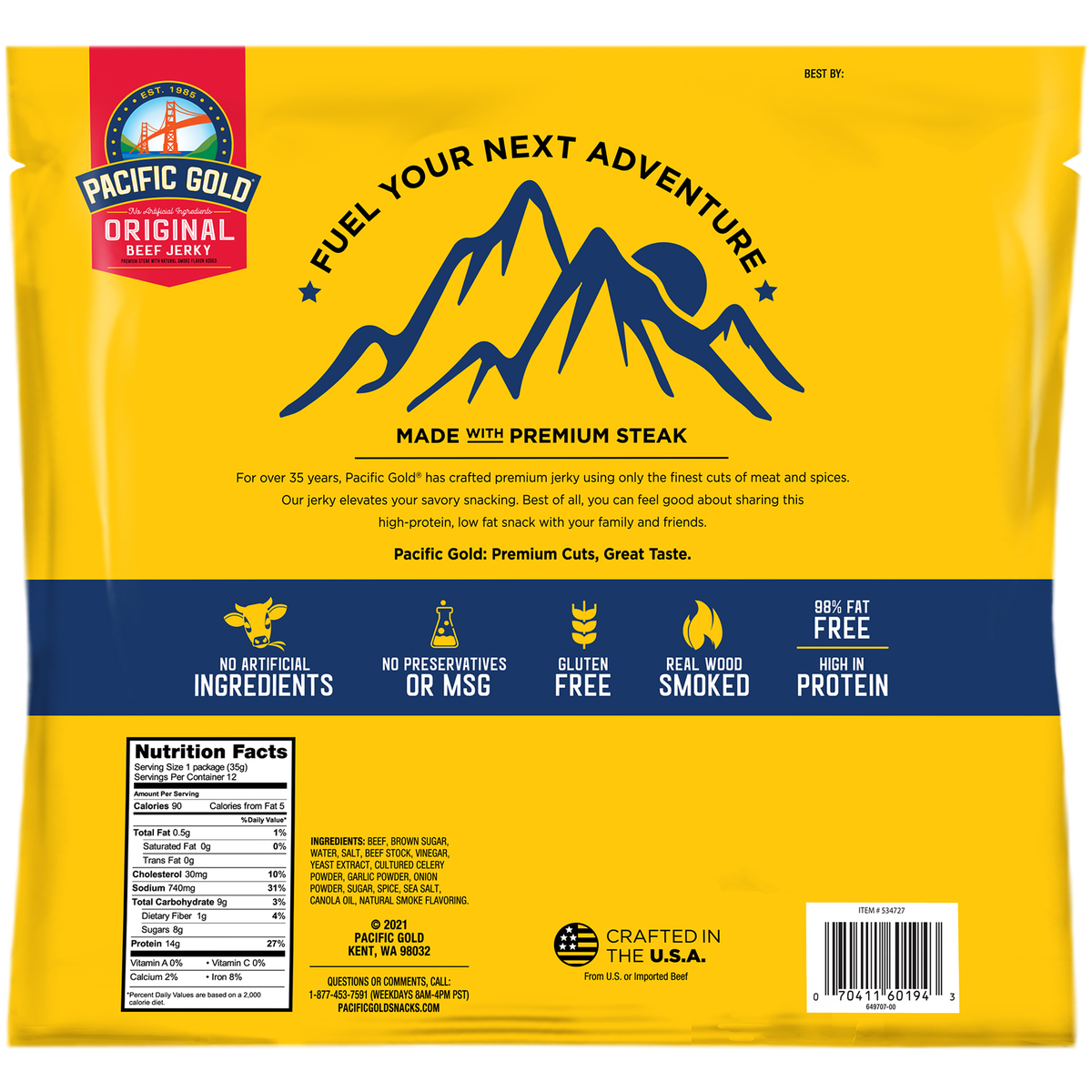 Pacific Gold Beef Jerky, Original, 1.25 oz, 12 ct