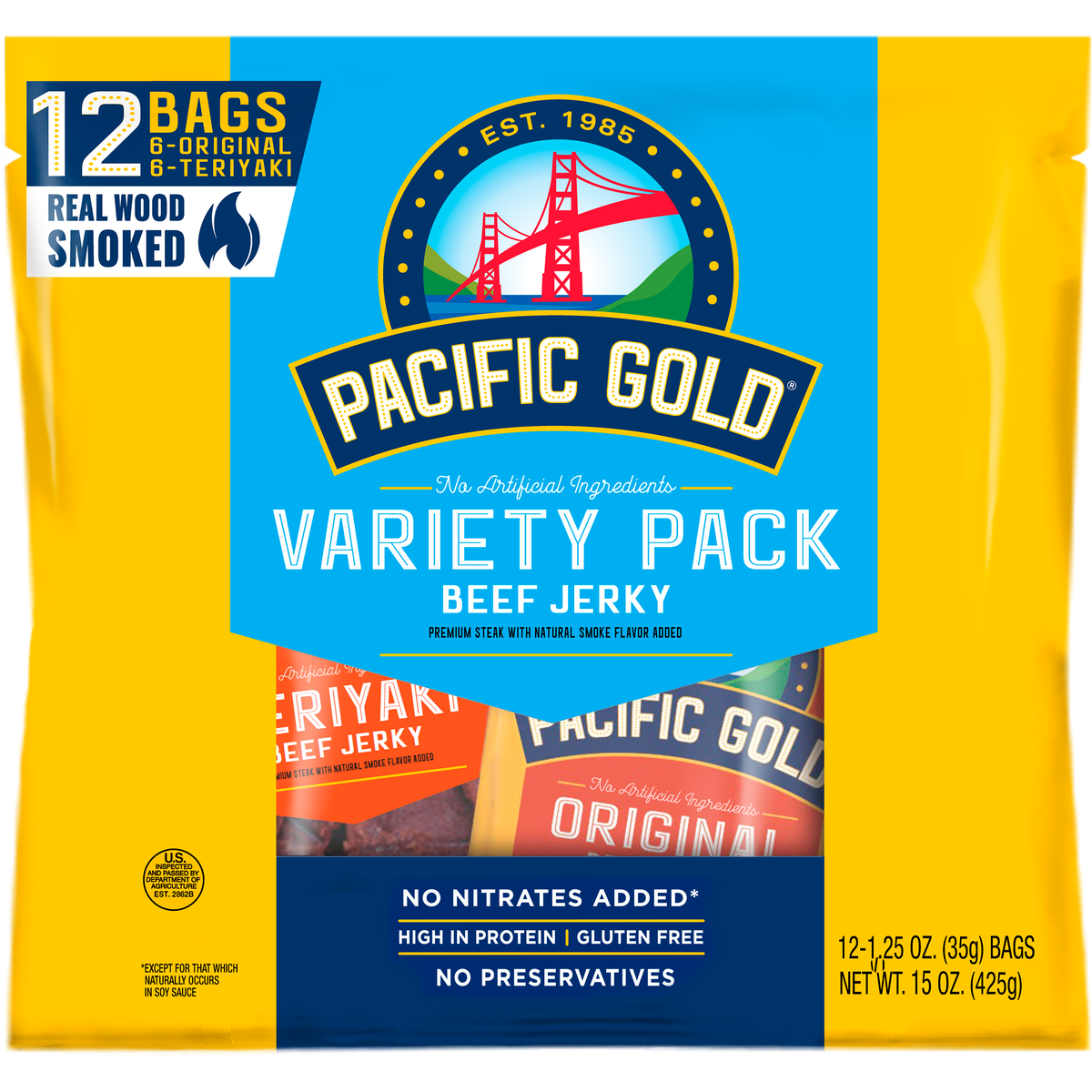 Pacific Gold Beef Jerky, Variety Pack, 1.25 oz, 12 ct