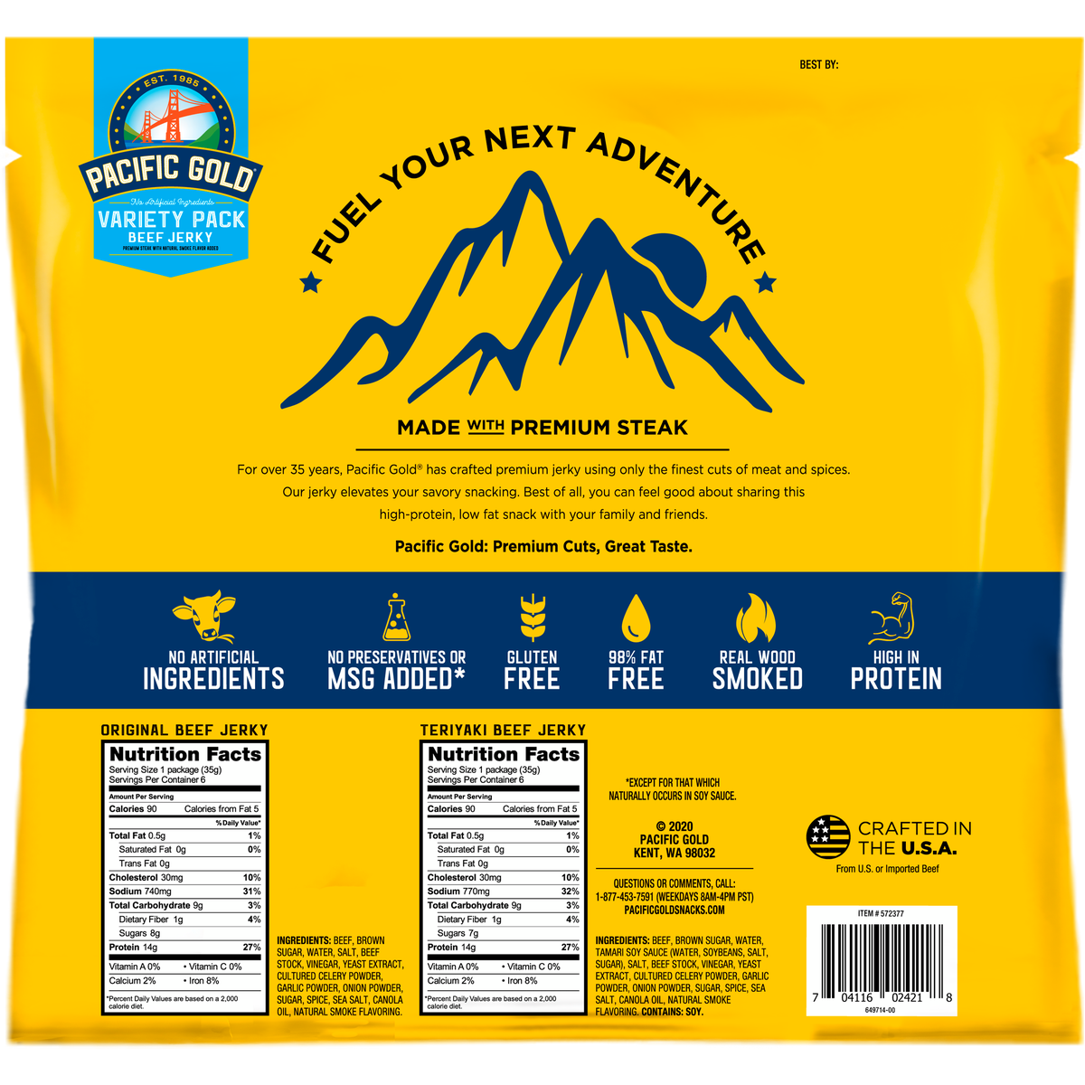 Pacific Gold Beef Jerky, Variety Pack, 1.25 oz, 12 ct