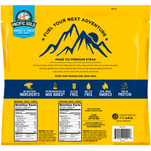 Pacific Gold Beef Jerky, Variety Pack, 1.25 oz, 12 ct