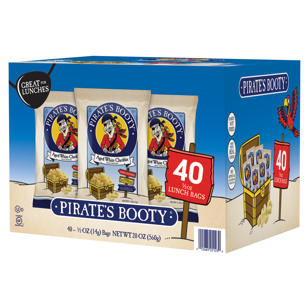 Pirate's Booty Rice and Corn Puffs, Aged White Cheddar, 0.5 oz, 40 ct