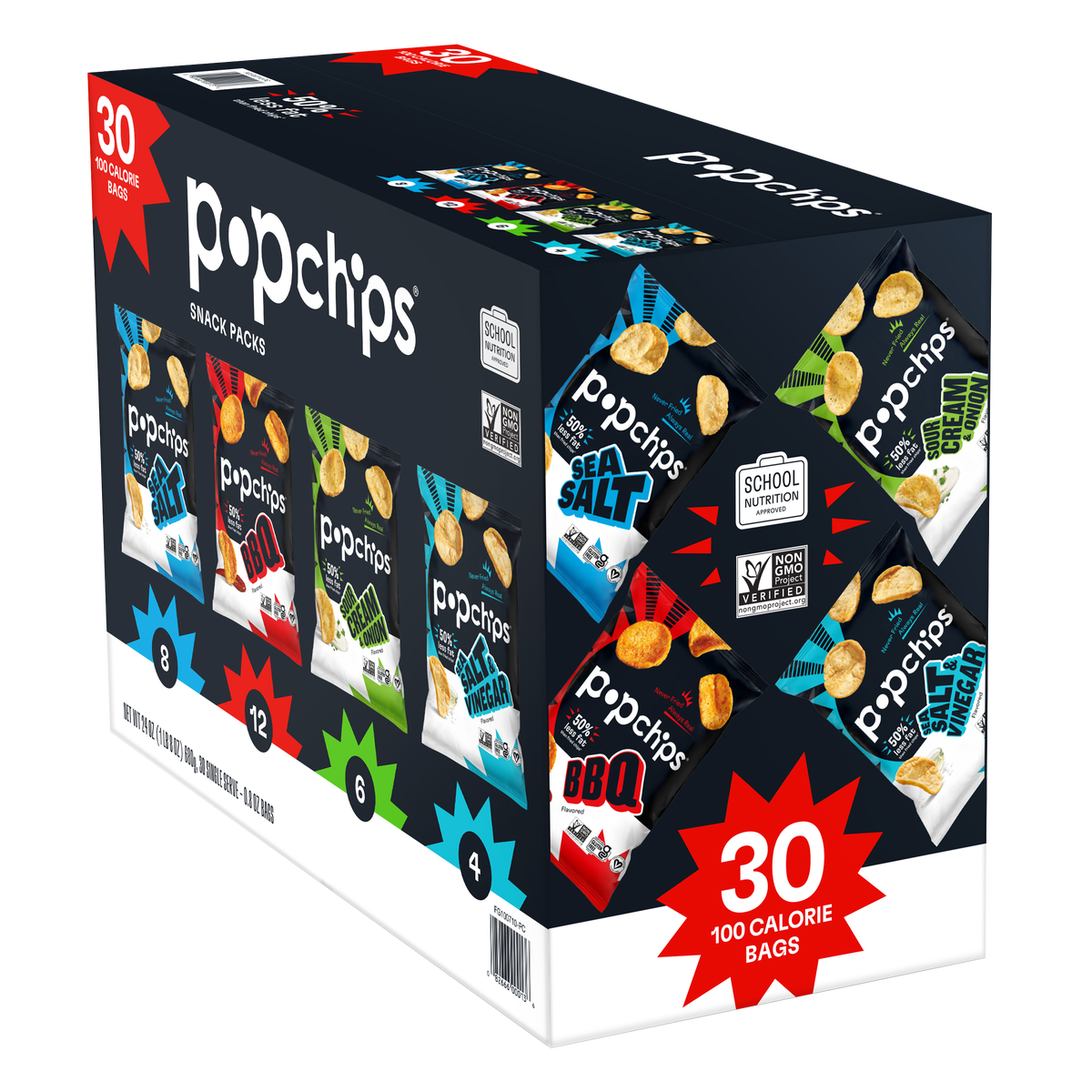Popchips Potato Chips Snack Packs, Variety Pack, 0.8 oz, 30 ct