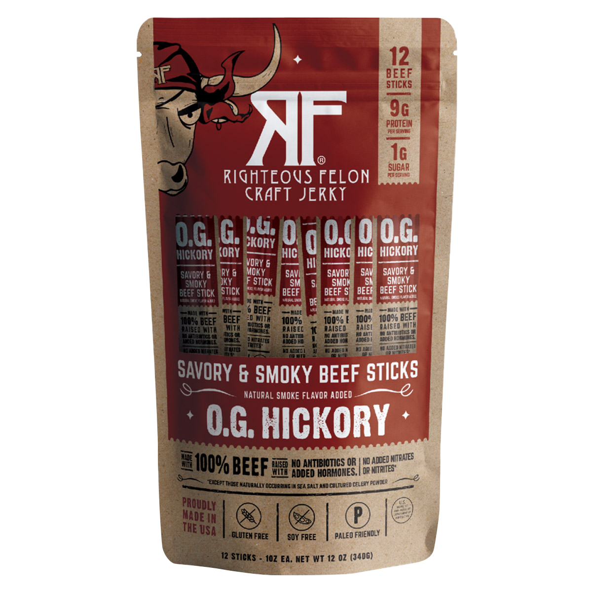 Righteous Felon Craft Jerky, O.G. Hickory Beef Stick, 1 oz, 12 ct