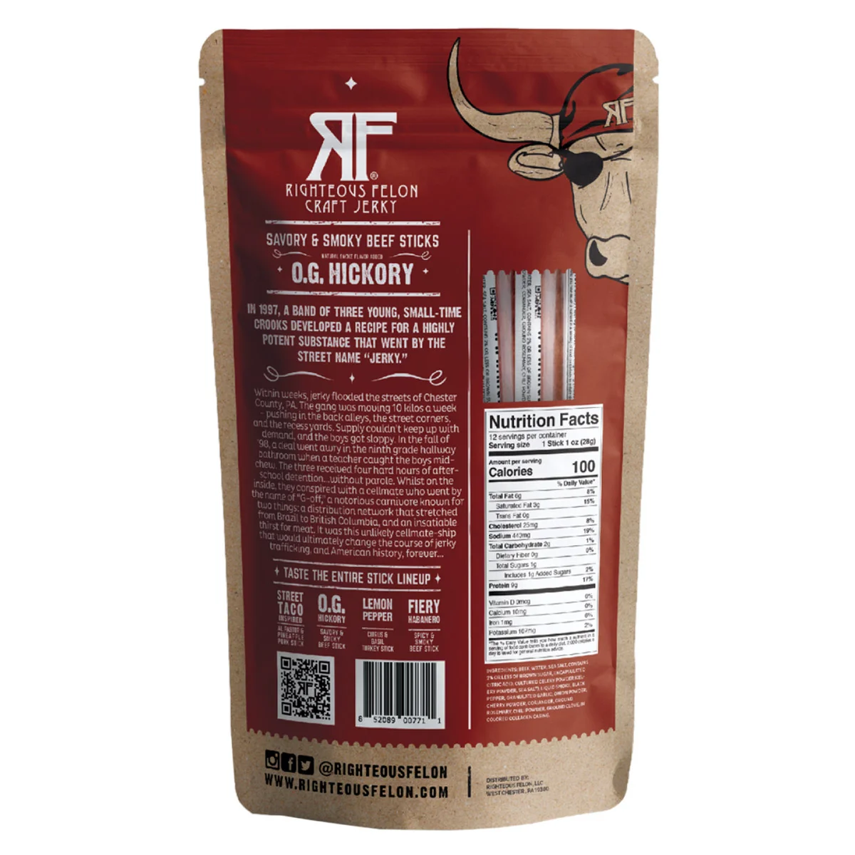 Righteous Felon Craft Jerky, O.G. Hickory Beef Stick, 1 oz, 12 ct
