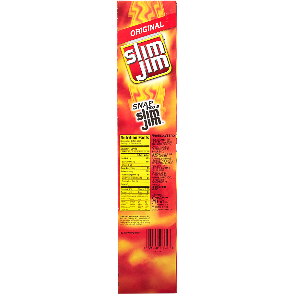 Slim Jim Smoked Snack Stick, Original, 0.97 oz, 24 ct