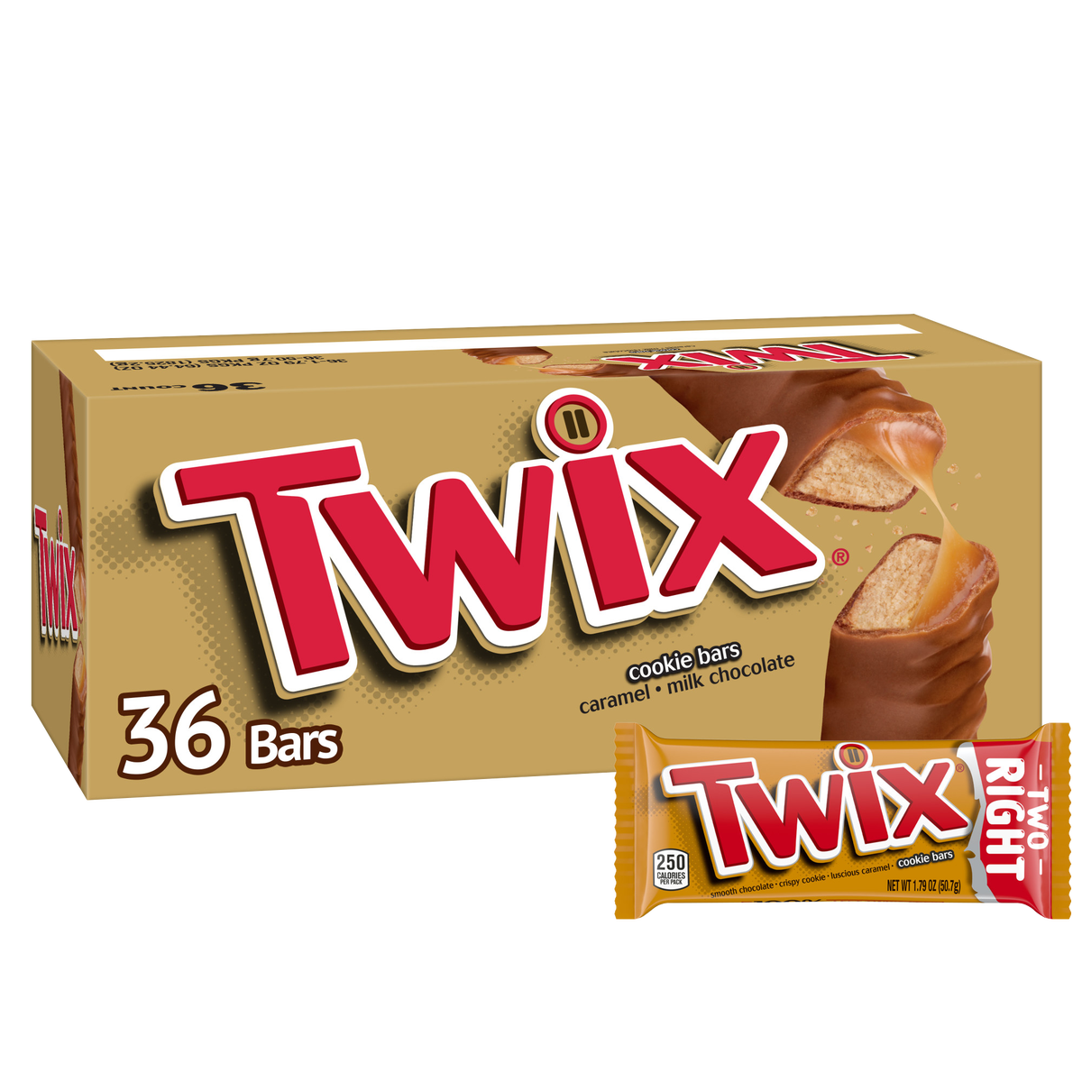 Twix Caramel Cookie Chocolate Candy Bar, Full Size, 1.79 oz, 36 ct