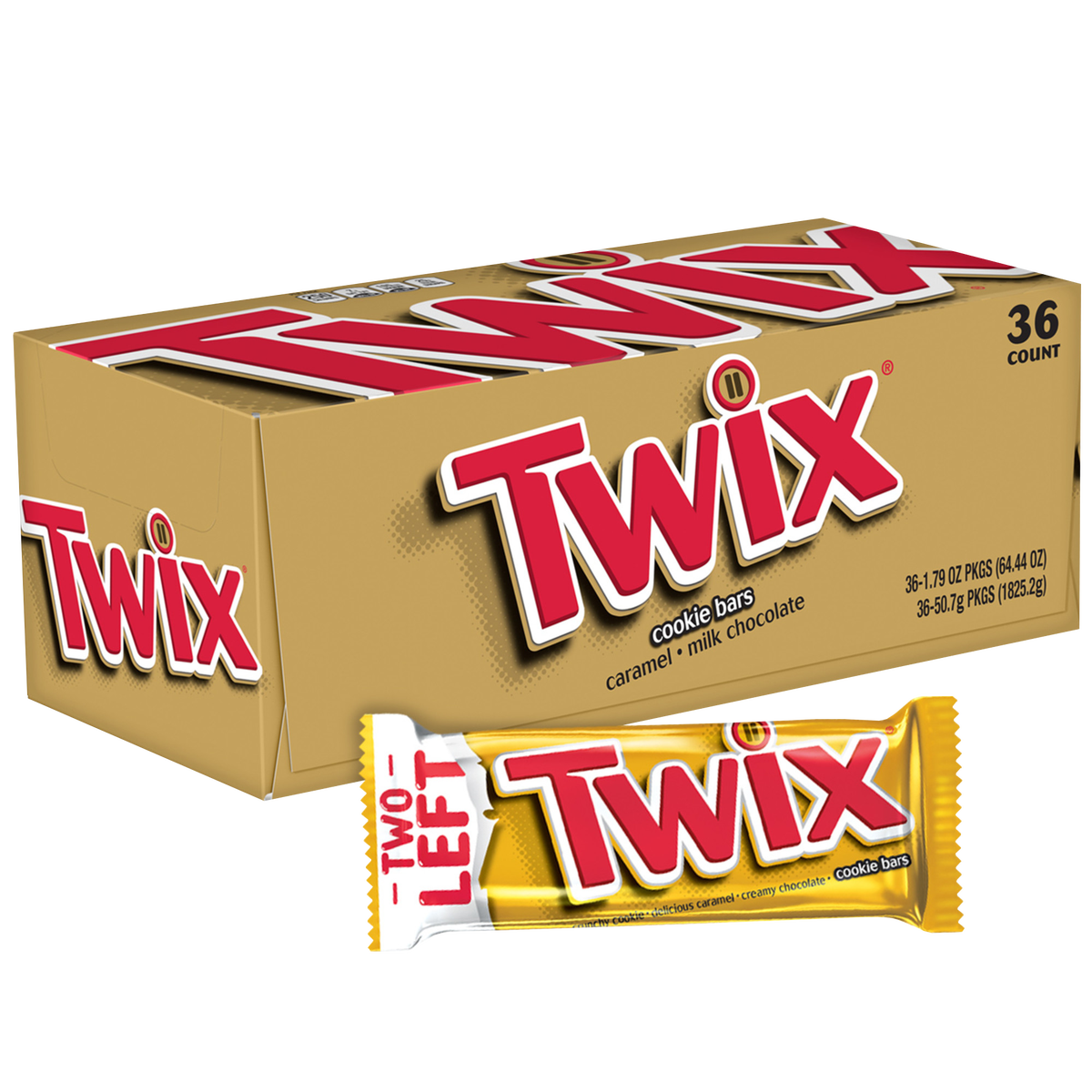 Twix Caramel Cookie Chocolate Candy Bar, Full Size, 1.79 oz, 36 ct