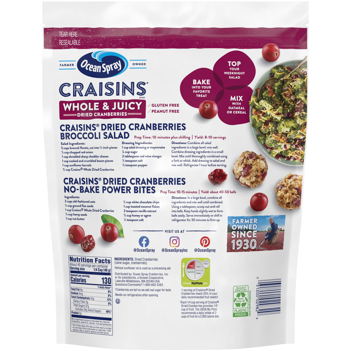 Ocean Spray Craisins, Whole Dried Cranberries, 64 oz