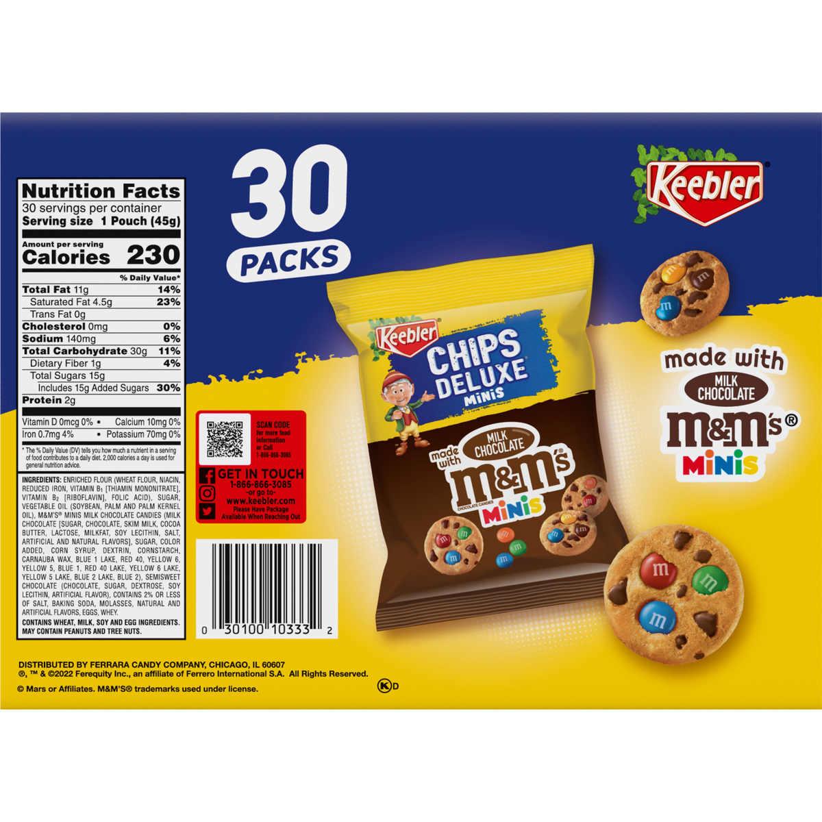 Keebler Chips Deluxe Bite-sized Cookies with Milk Chocolate M&M's, 1.6 oz, 30 ct