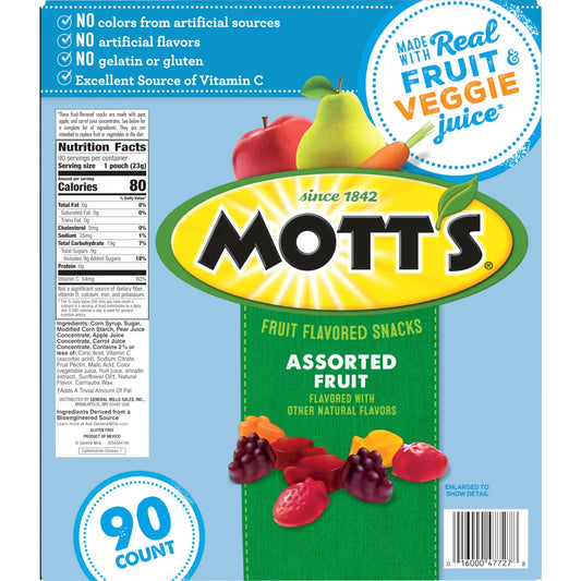Mott's Fruit Flavored Snacks, Assorted Fruit, 0.8 oz, 90 ct