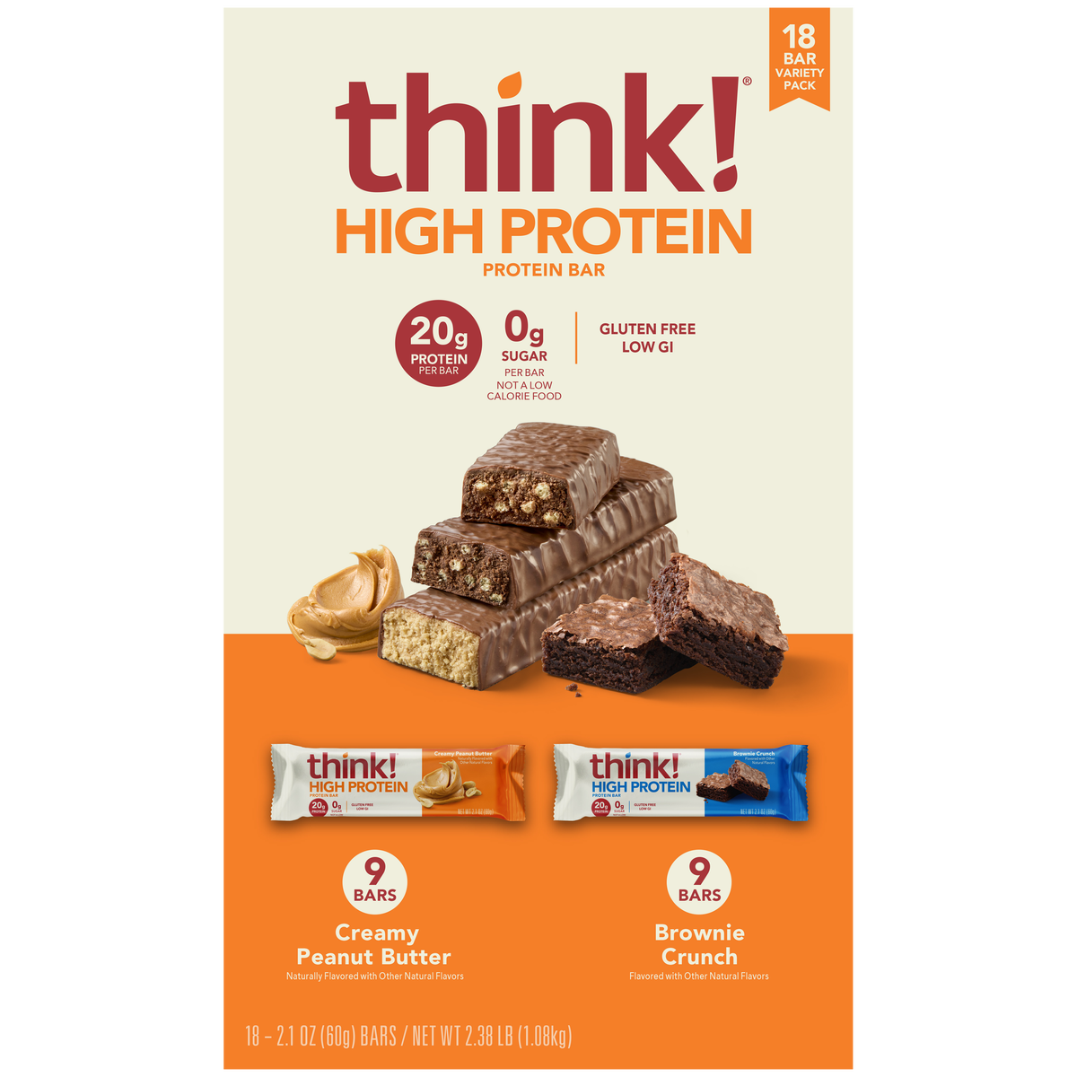 think! High Protein Bars, 20g Protein, Variety Pack, 2.1 oz, 18 ct