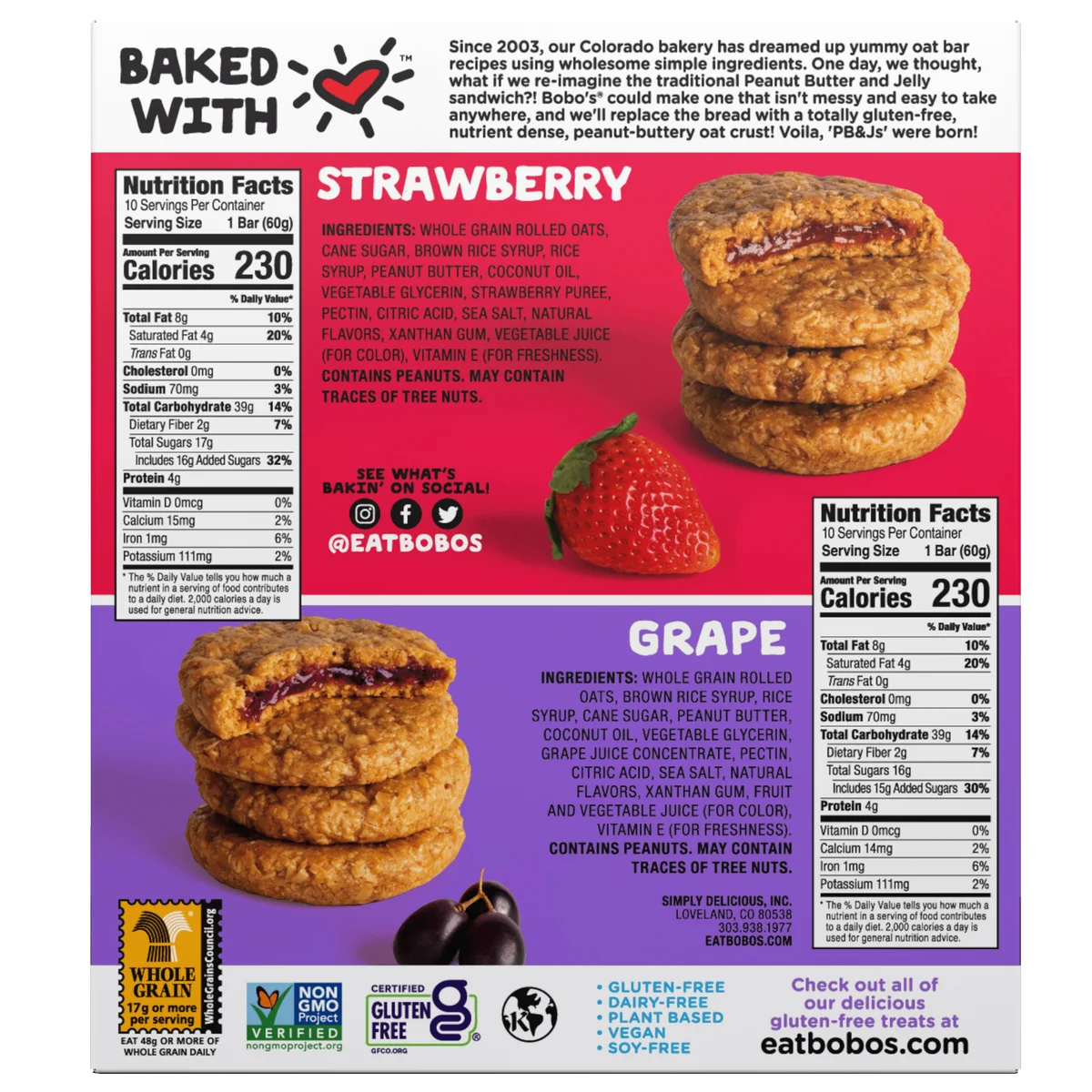 Bobo's PB&Js Oat Bar, Variety Pack, 2.1 oz, 20 ct